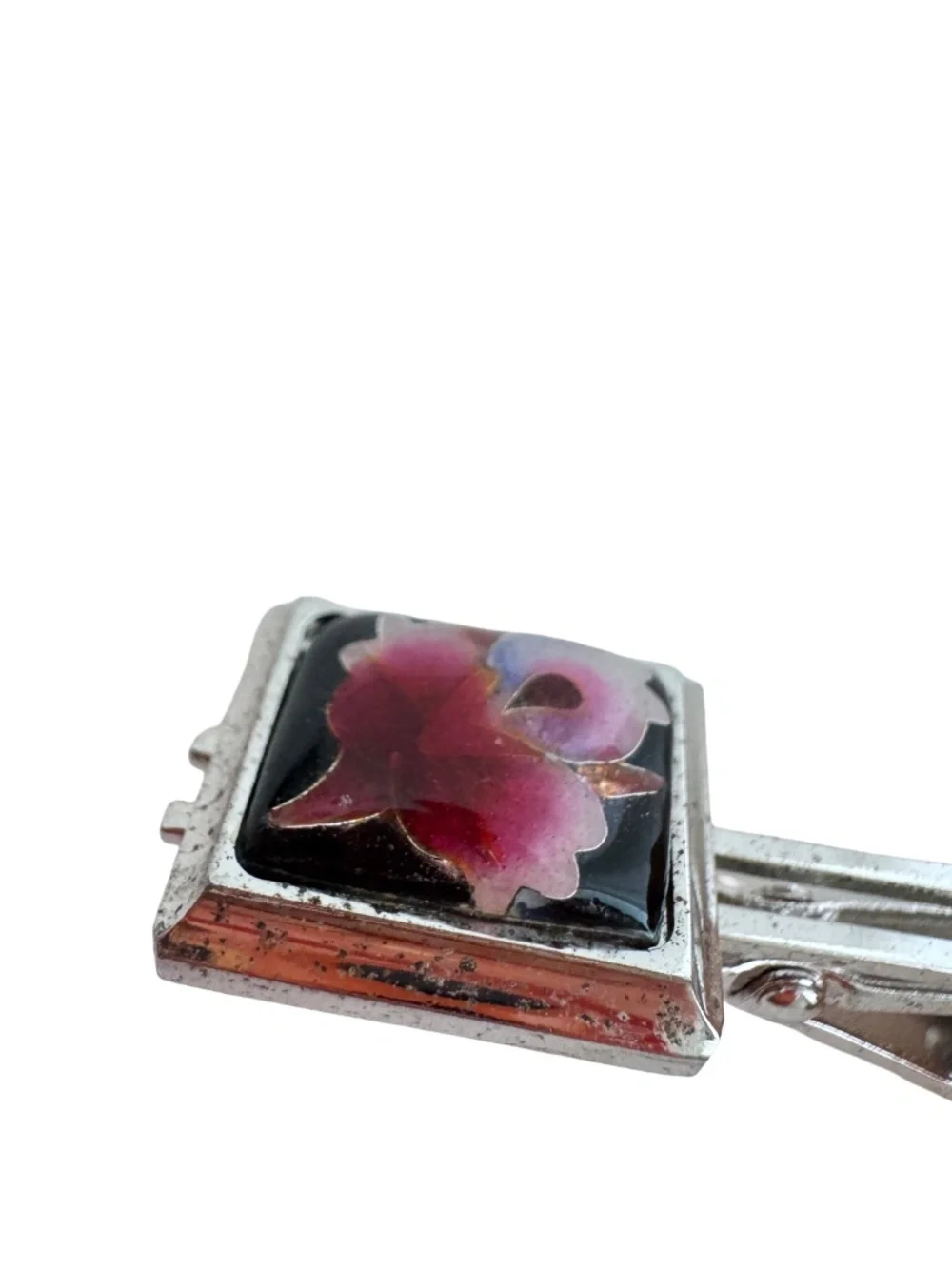 Vintage Japanese Cloisonne Tie Clip Pink White Floral Enamel Silver Tone Bar 2in